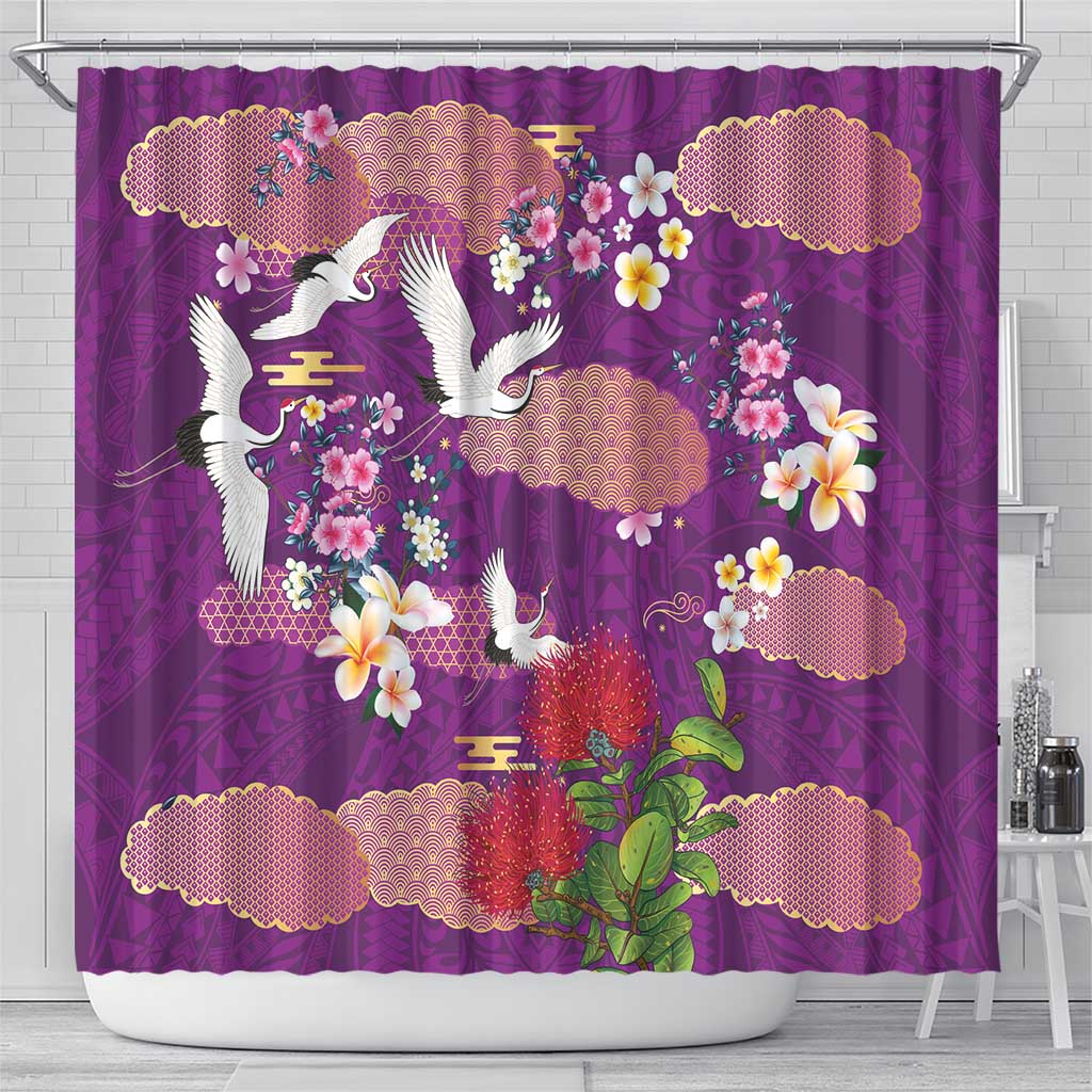 Hawaiian and Japanese Culture Together Shower Curtain Purple Ohia Lehua Plumeria and Sakura Blooming LT03 - Polynesian Pride