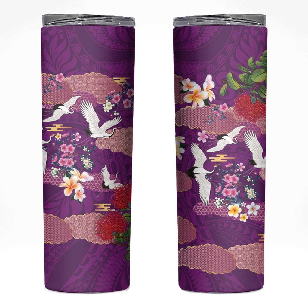 Hawaiian and Japanese Culture Together Skinny Tumbler Purple Ohia Lehua Plumeria and Sakura Blooming LT03 Purple - Polynesian Pride