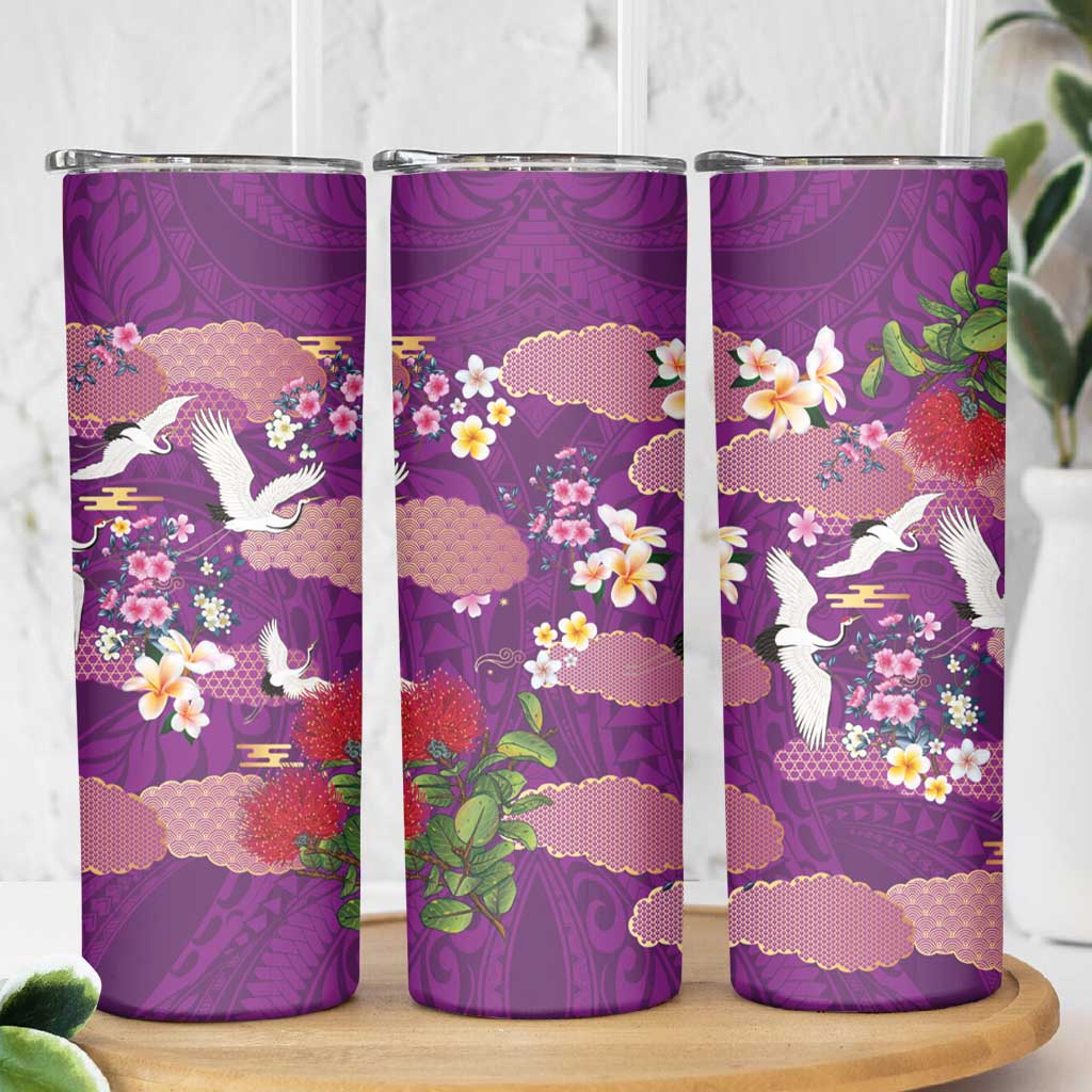 Hawaiian and Japanese Culture Together Skinny Tumbler Purple Ohia Lehua Plumeria and Sakura Blooming LT03 - Polynesian Pride