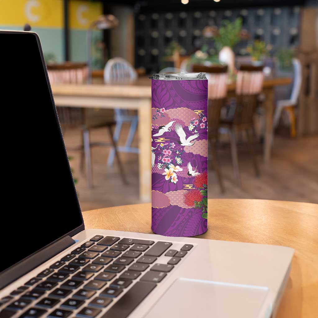 Hawaiian and Japanese Culture Together Skinny Tumbler Purple Ohia Lehua Plumeria and Sakura Blooming LT03 - Polynesian Pride