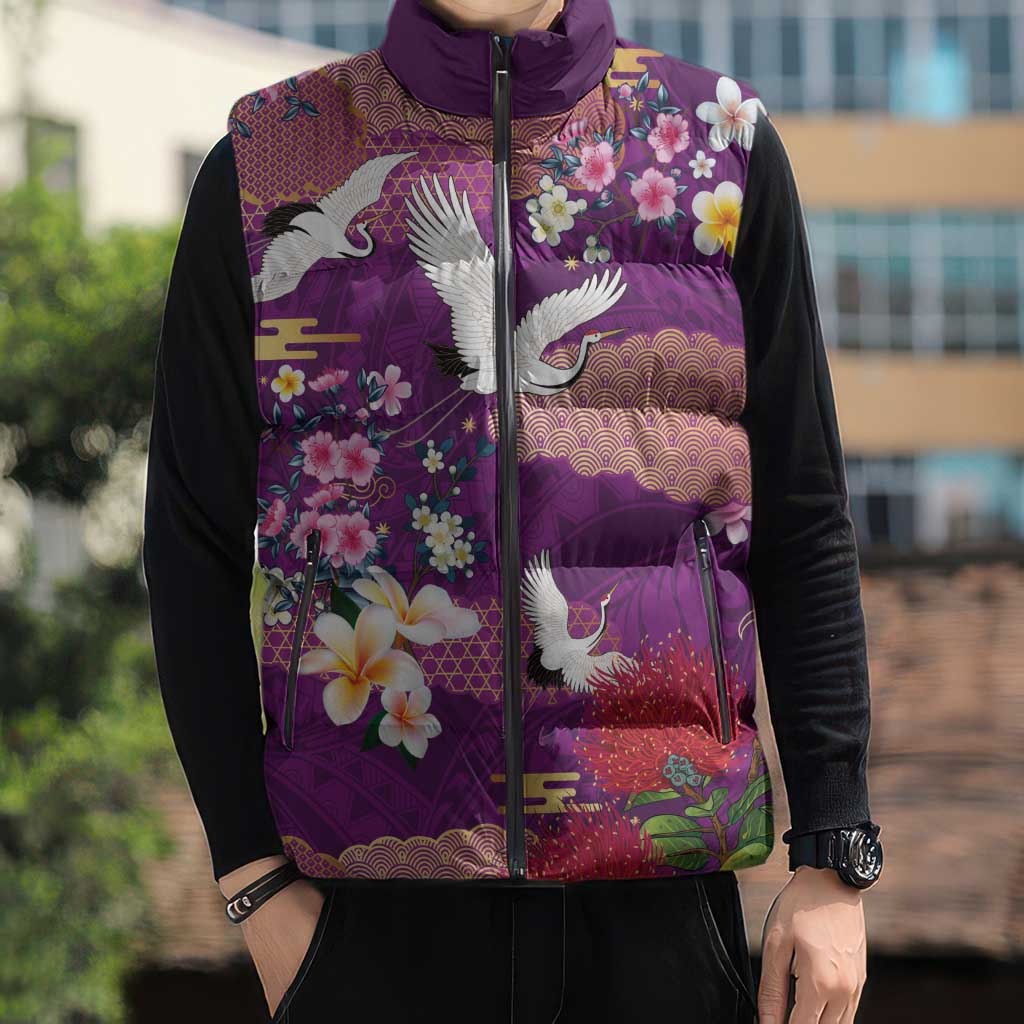Hawaiian and Japanese Culture Together Sleeveless Puffer Jacket Purple Ohia Lehua Plumeria and Sakura Blooming LT03 - Polynesian Pride