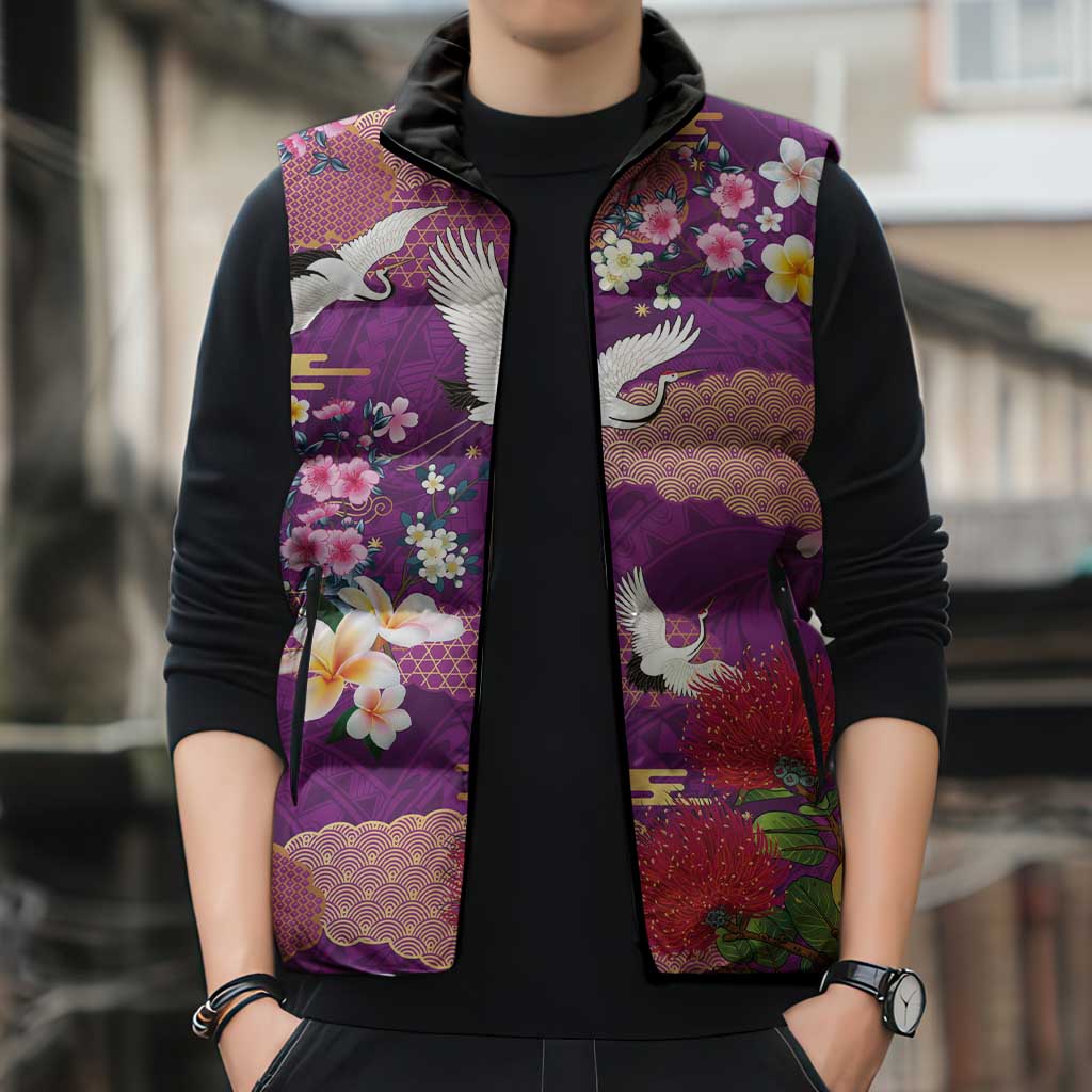 Hawaiian and Japanese Culture Together Sleeveless Puffer Jacket Purple Ohia Lehua Plumeria and Sakura Blooming LT03 - Polynesian Pride