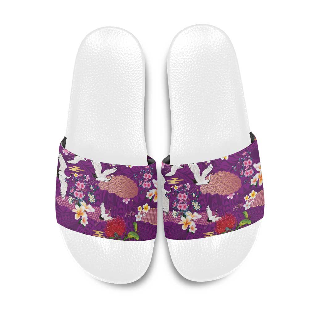 Hawaiian and Japanese Culture Together Slide Sandals Purple Ohia Lehua Plumeria and Sakura Blooming LT03 Purple - Polynesian Pride