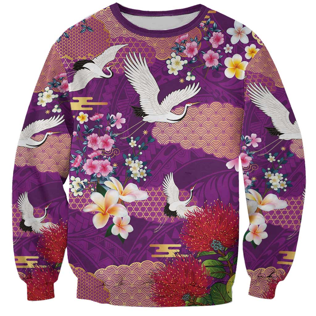 Hawaiian and Japanese Culture Together Sweatshirt Purple Ohia Lehua Plumeria and Sakura Blooming LT03 Unisex Purple - Polynesian Pride