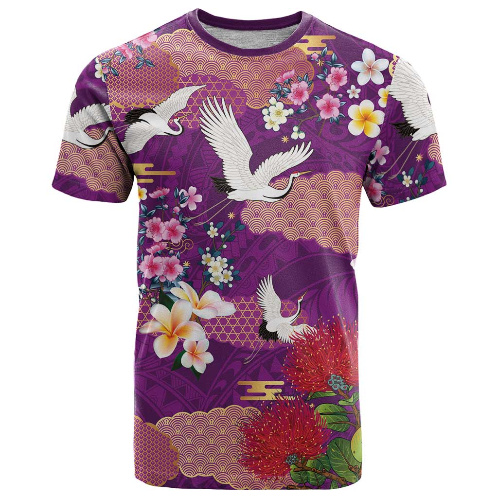 Hawaiian and Japanese Culture Together T Shirt Purple Ohia Lehua Plumeria and Sakura Blooming LT03 Purple - Polynesian Pride