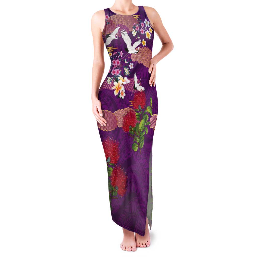 Hawaiian and Japanese Culture Together Tank Maxi Dress Purple Ohia Lehua Plumeria and Sakura Blooming LT03 Women Purple - Polynesian Pride