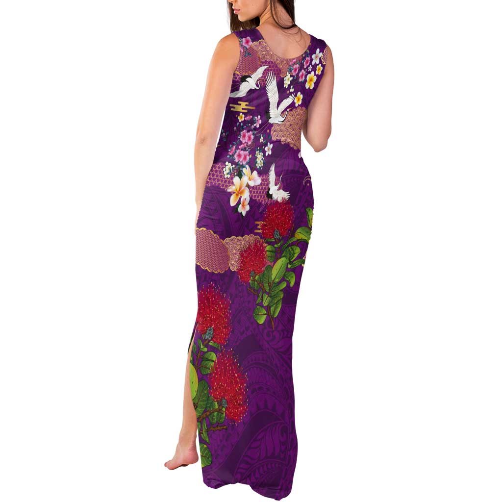 Hawaiian and Japanese Culture Together Tank Maxi Dress Purple Ohia Lehua Plumeria and Sakura Blooming LT03 - Polynesian Pride