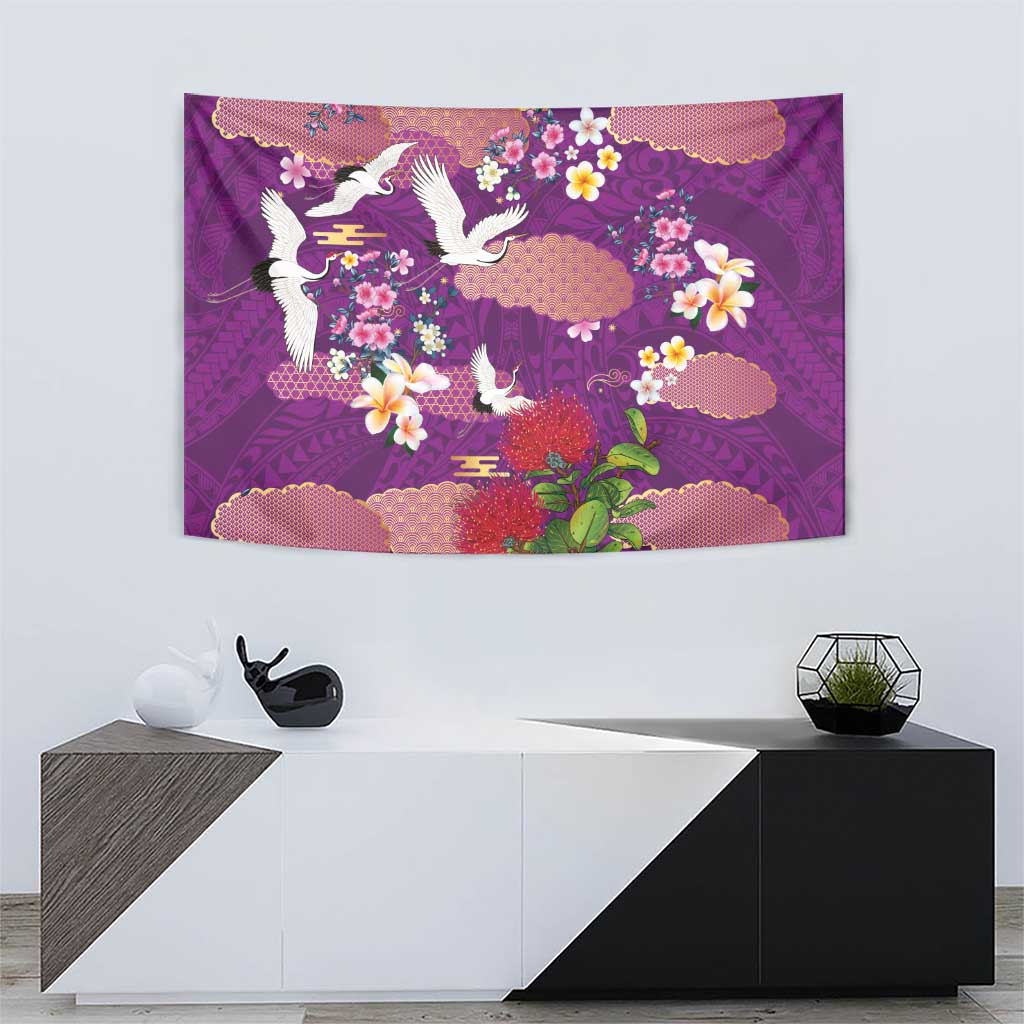 Hawaiian and Japanese Culture Together Tapestry Purple Ohia Lehua Plumeria and Sakura Blooming LT03 - Polynesian Pride