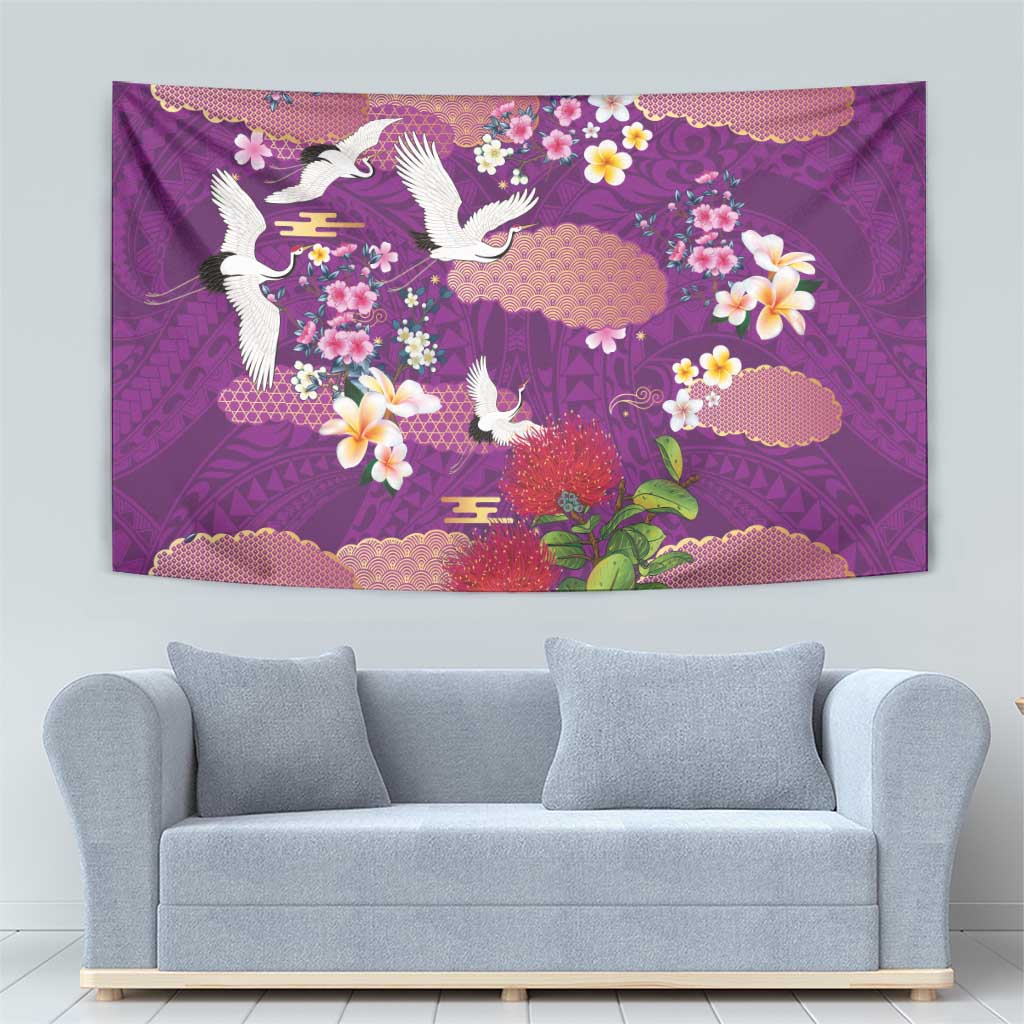 Hawaiian and Japanese Culture Together Tapestry Purple Ohia Lehua Plumeria and Sakura Blooming LT03 - Polynesian Pride