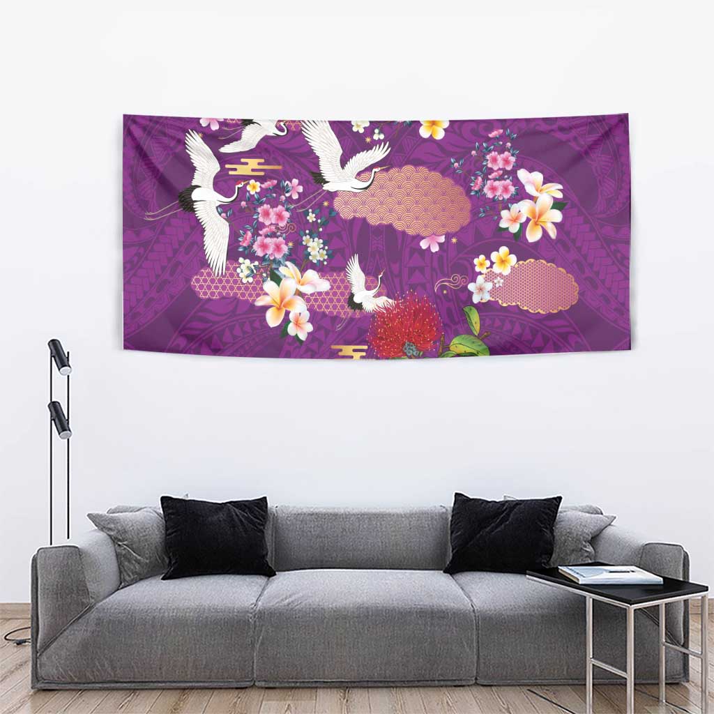 Hawaiian and Japanese Culture Together Tapestry Purple Ohia Lehua Plumeria and Sakura Blooming LT03 - Polynesian Pride
