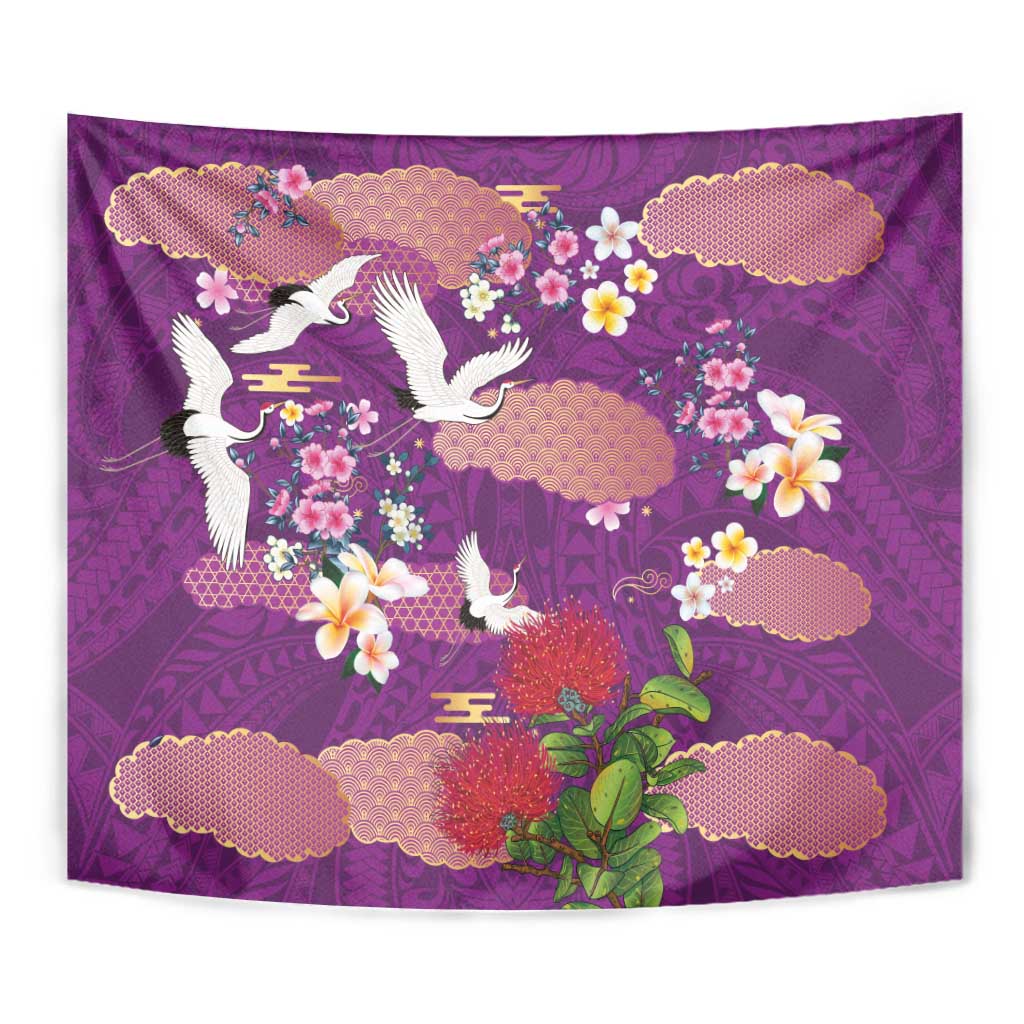 Hawaiian and Japanese Culture Together Tapestry Purple Ohia Lehua Plumeria and Sakura Blooming LT03 - Polynesian Pride