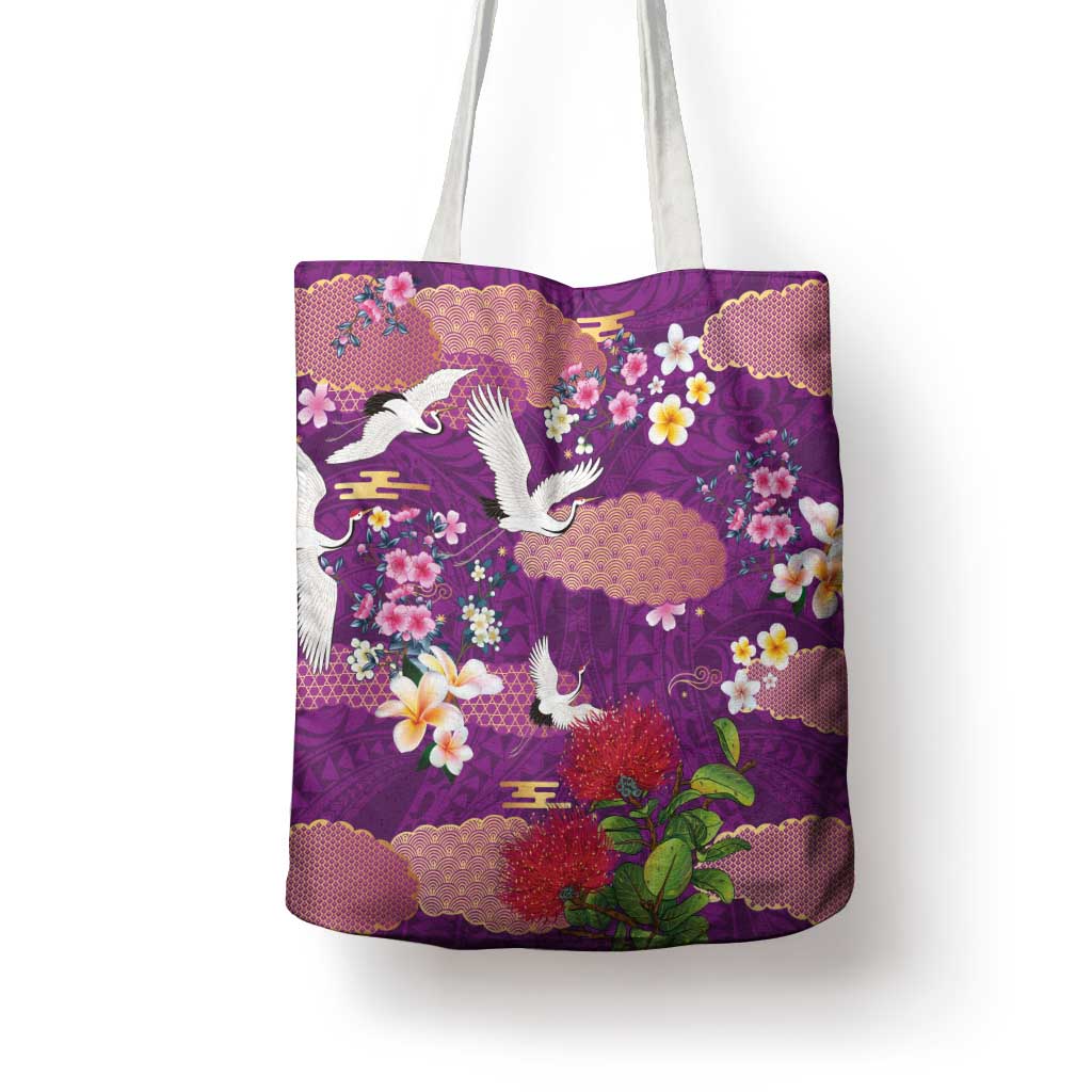 Hawaiian and Japanese Culture Together Tote Bag Purple Ohia Lehua Plumeria and Sakura Blooming LT03 - Polynesian Pride