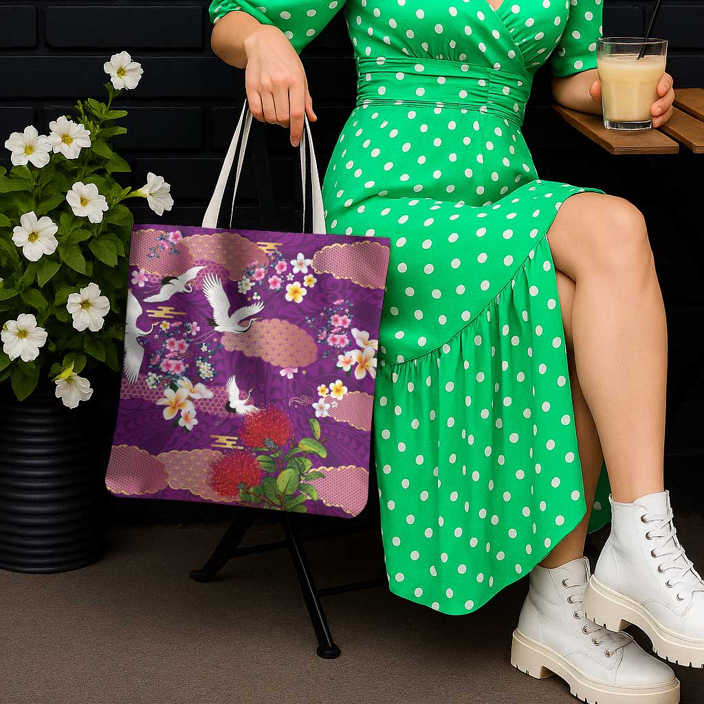 Hawaiian and Japanese Culture Together Tote Bag Purple Ohia Lehua Plumeria and Sakura Blooming LT03 - Polynesian Pride
