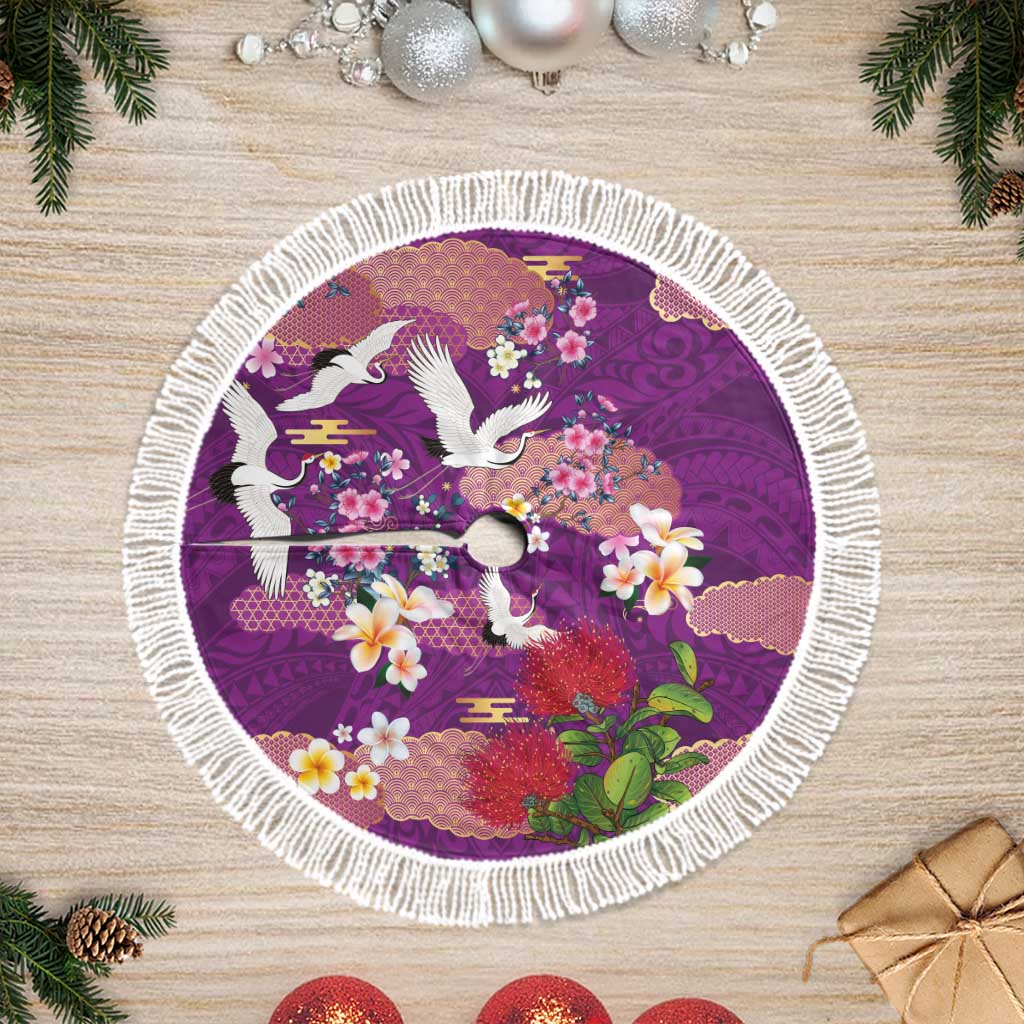 Hawaiian and Japanese Culture Together Tree Skirt Purple Ohia Lehua Plumeria and Sakura Blooming LT03 Fringed Purple - Polynesian Pride