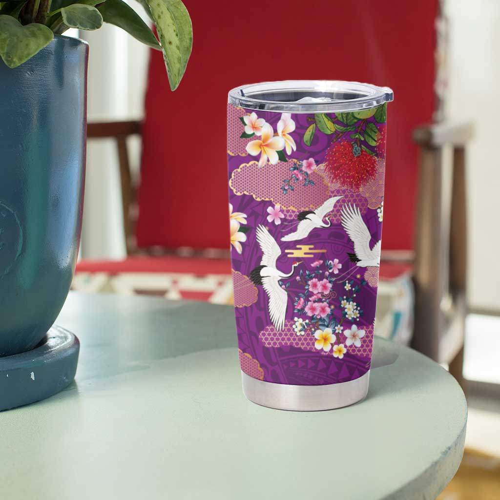 Hawaiian and Japanese Culture Together Tumbler Cup Purple Ohia Lehua Plumeria and Sakura Blooming LT03 - Polynesian Pride