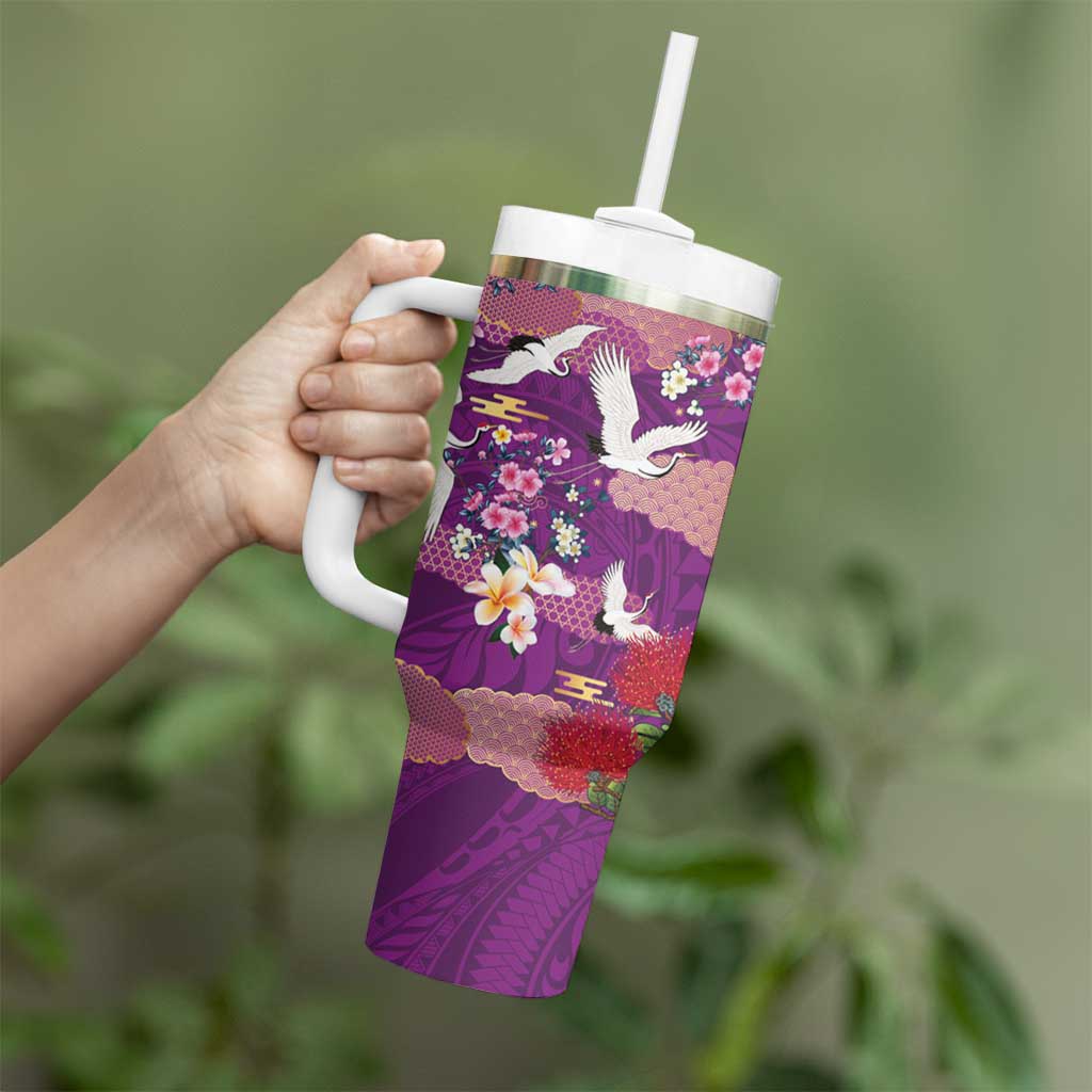 Hawaiian and Japanese Culture Together Tumbler With Handle Purple Ohia Lehua Plumeria and Sakura Blooming LT03 - Polynesian Pride