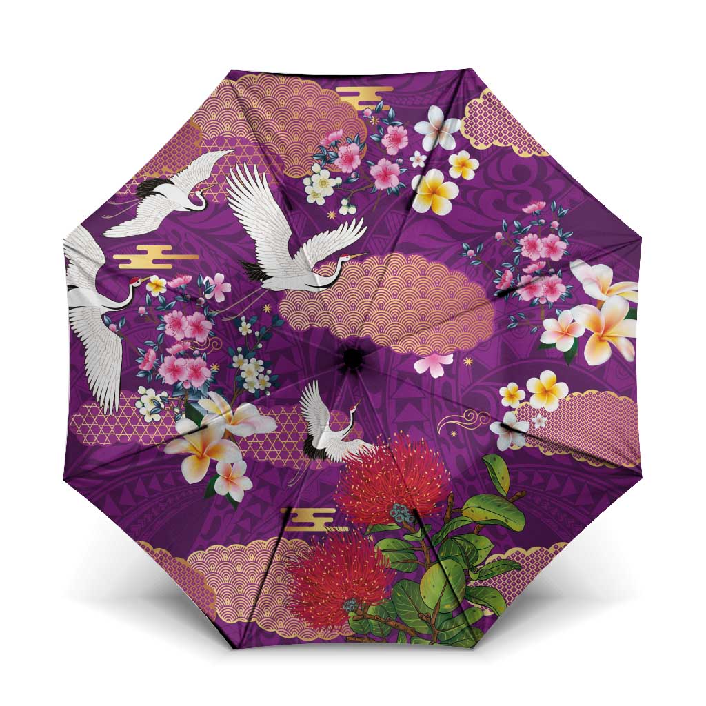Hawaiian and Japanese Culture Together Umbrella Purple Ohia Lehua Plumeria and Sakura Blooming LT03 One Size Folded 11.42 inch Opened Diameter 37.4 inch Purple - Polynesian Pride