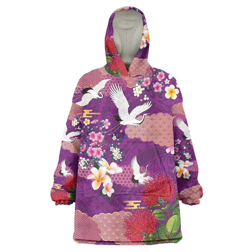 Hawaiian and Japanese Culture Together Wearable Blanket Hoodie Purple Ohia Lehua Plumeria and Sakura Blooming LT03 One Size Purple - Polynesian Pride