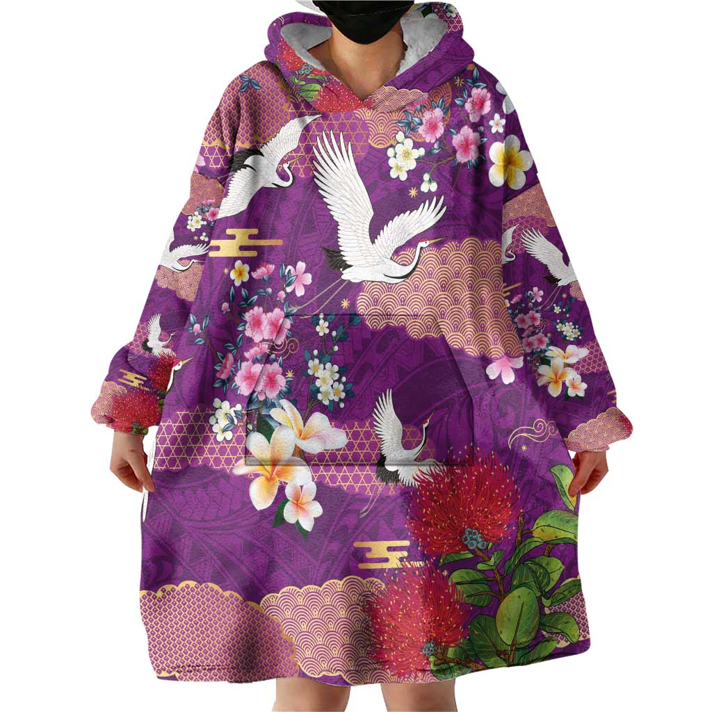 Hawaiian and Japanese Culture Together Wearable Blanket Hoodie Purple Ohia Lehua Plumeria and Sakura Blooming LT03 - Polynesian Pride