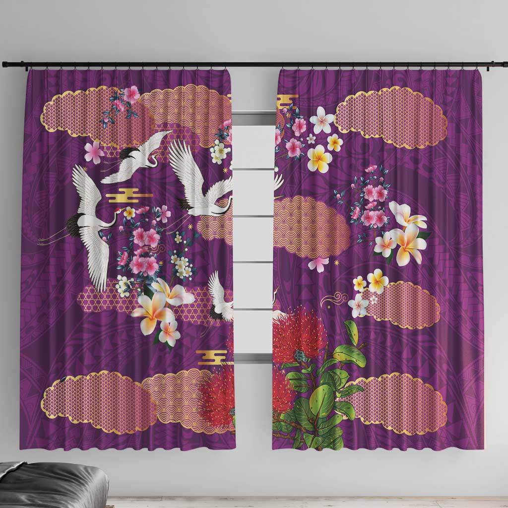 Hawaiian and Japanese Culture Together Window Curtain Purple Ohia Lehua Plumeria and Sakura Blooming LT03 With Hooks Purple - Polynesian Pride