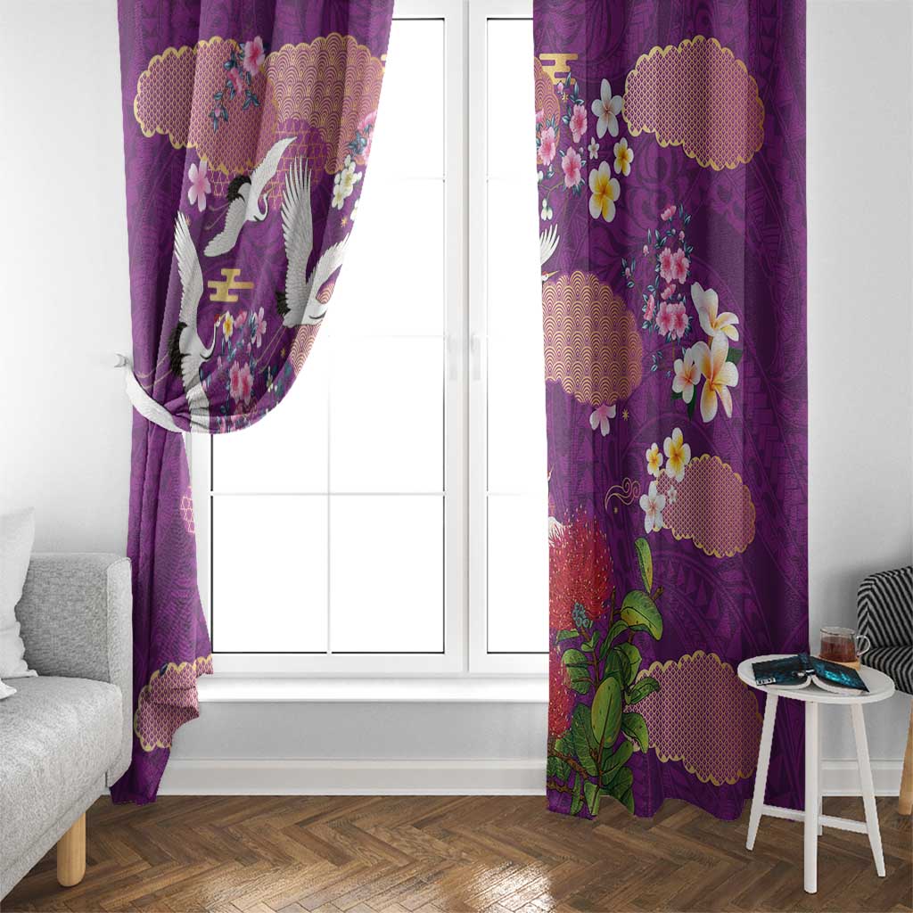 Hawaiian and Japanese Culture Together Window Curtain Purple Ohia Lehua Plumeria and Sakura Blooming LT03 - Polynesian Pride