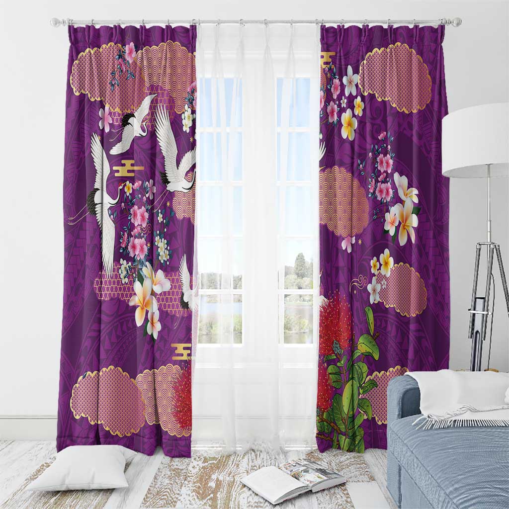 Hawaiian and Japanese Culture Together Window Curtain Purple Ohia Lehua Plumeria and Sakura Blooming LT03 - Polynesian Pride