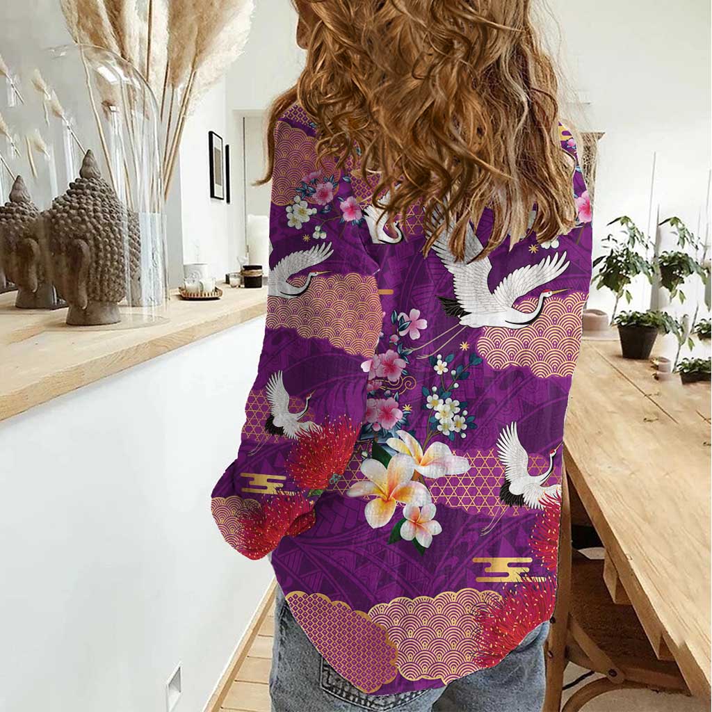 Hawaiian and Japanese Culture Together Women Casual Shirt Purple Ohia Lehua Plumeria and Sakura Blooming LT03 - Polynesian Pride