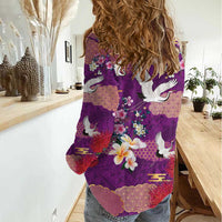 Hawaiian and Japanese Culture Together Women Casual Shirt Purple Ohia Lehua Plumeria and Sakura Blooming LT03 - Polynesian Pride