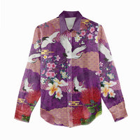 Hawaiian and Japanese Culture Together Women Casual Shirt Purple Ohia Lehua Plumeria and Sakura Blooming LT03 - Polynesian Pride