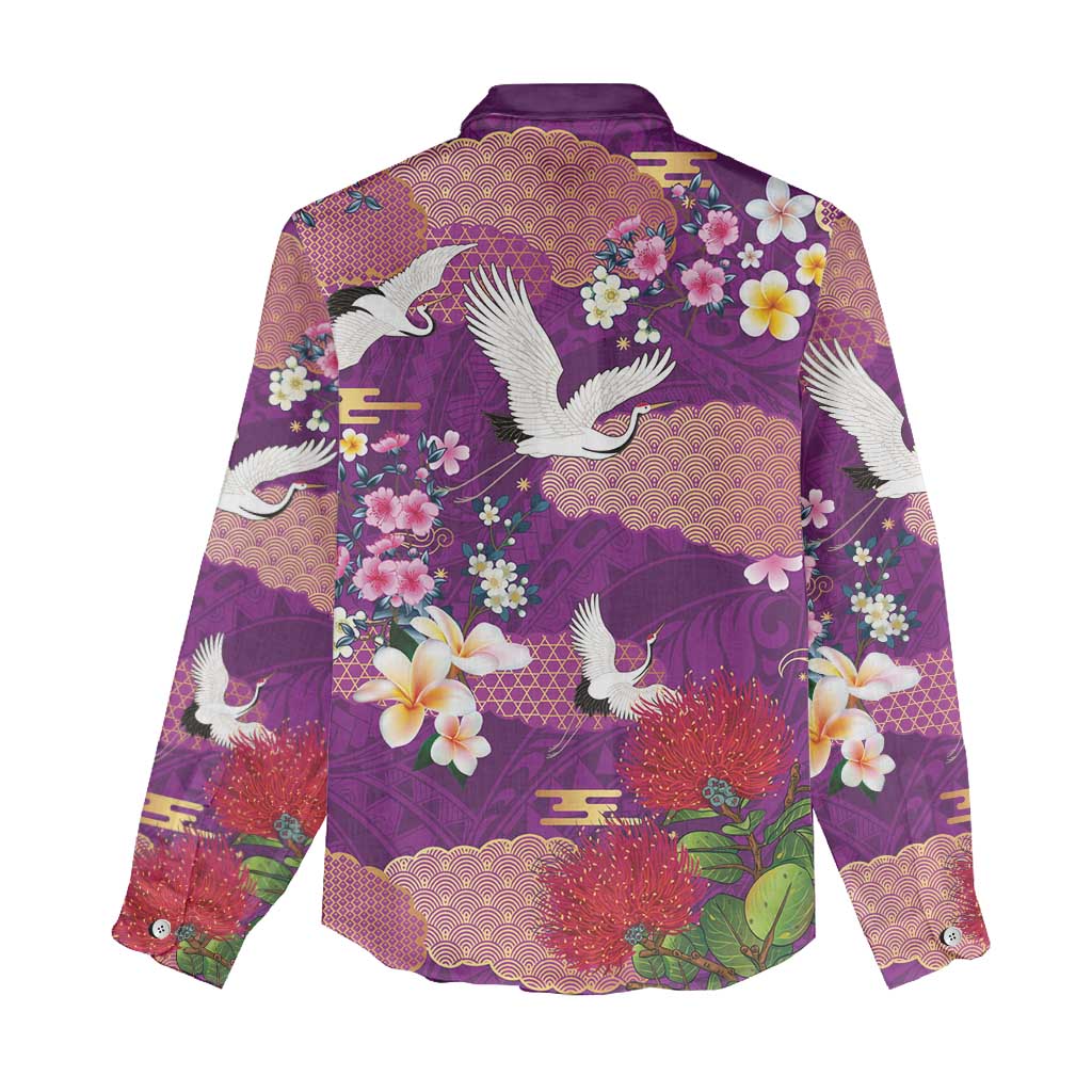 Hawaiian and Japanese Culture Together Women Casual Shirt Purple Ohia Lehua Plumeria and Sakura Blooming LT03 - Polynesian Pride