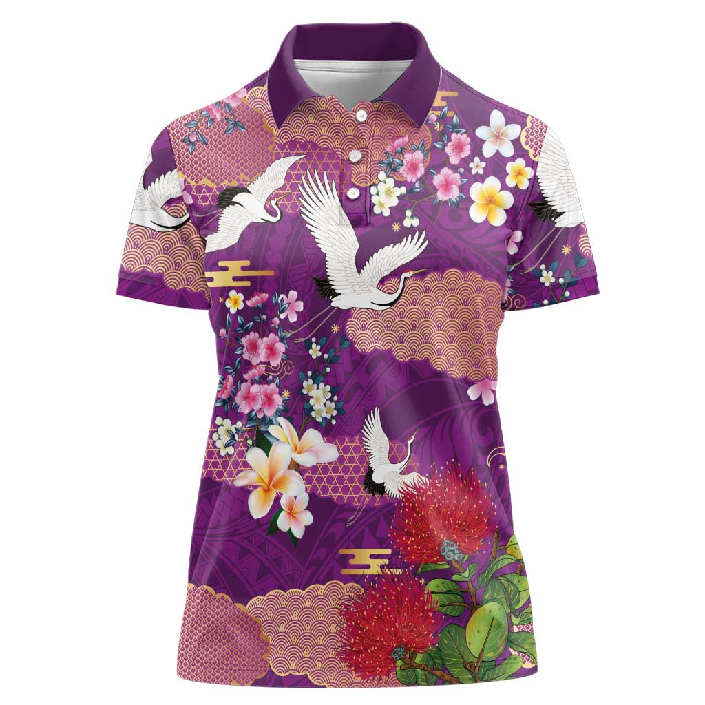 Hawaiian and Japanese Culture Together Women Polo Shirt Purple Ohia Lehua Plumeria and Sakura Blooming LT03 Female Purple - Polynesian Pride