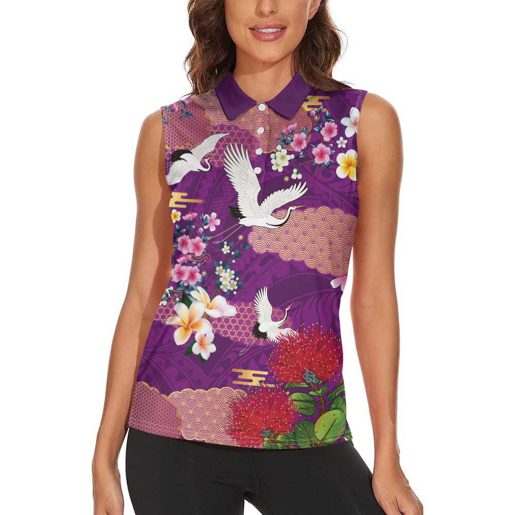 Hawaiian and Japanese Culture Together Women Sleeveless Polo Shirt Purple Ohia Lehua Plumeria and Sakura Blooming - Polynesian Pride