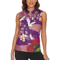 Hawaiian and Japanese Culture Together Women Sleeveless Polo Shirt Purple Ohia Lehua Plumeria and Sakura Blooming - Polynesian Pride