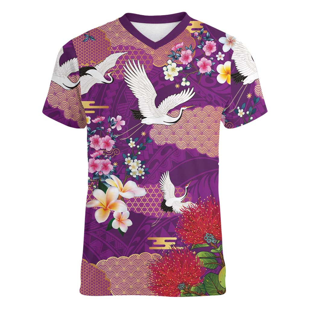 Hawaiian and Japanese Culture Together Women V-Neck T-Shirt Purple Ohia Lehua Plumeria and Sakura Blooming LT03 Female Purple - Polynesian Pride
