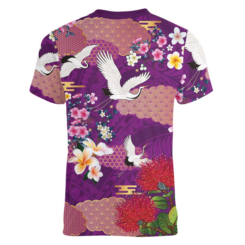 Hawaiian and Japanese Culture Together Women V-Neck T-Shirt Purple Ohia Lehua Plumeria and Sakura Blooming LT03 - Polynesian Pride