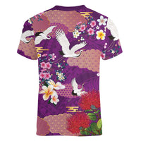Hawaiian and Japanese Culture Together Women V-Neck T-Shirt Purple Ohia Lehua Plumeria and Sakura Blooming LT03 - Polynesian Pride