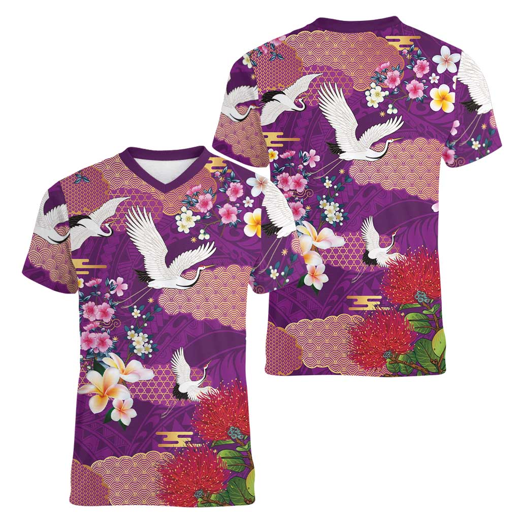 Hawaiian and Japanese Culture Together Women V-Neck T-Shirt Purple Ohia Lehua Plumeria and Sakura Blooming LT03 - Polynesian Pride