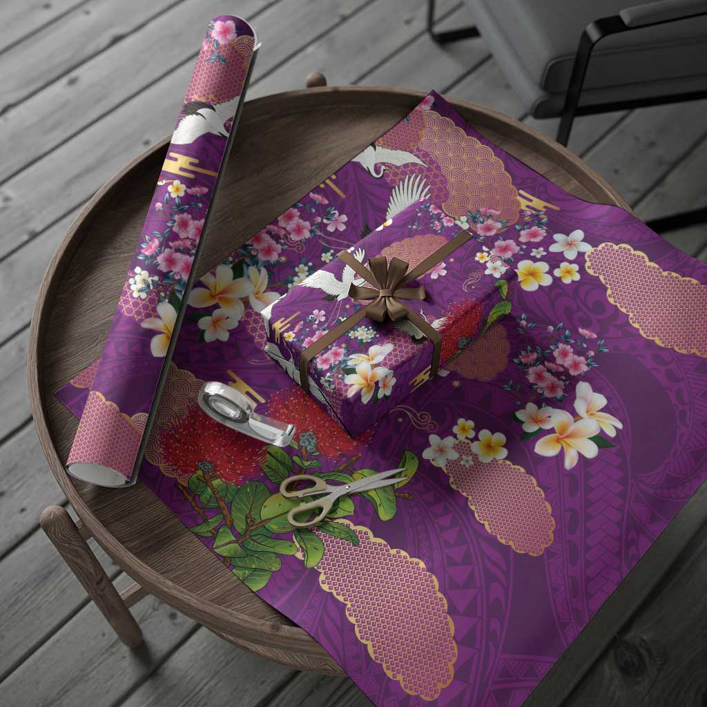 Hawaiian and Japanese Culture Together Wrapping Paper Purple Ohia Lehua Plumeria and Sakura Blooming LT03 - Polynesian Pride