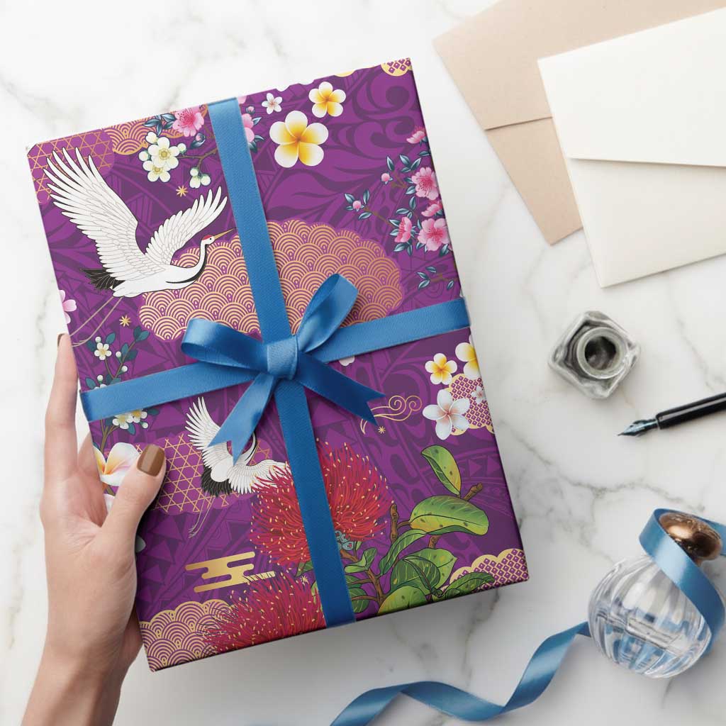 Hawaiian and Japanese Culture Together Wrapping Paper Purple Ohia Lehua Plumeria and Sakura Blooming LT03 - Polynesian Pride