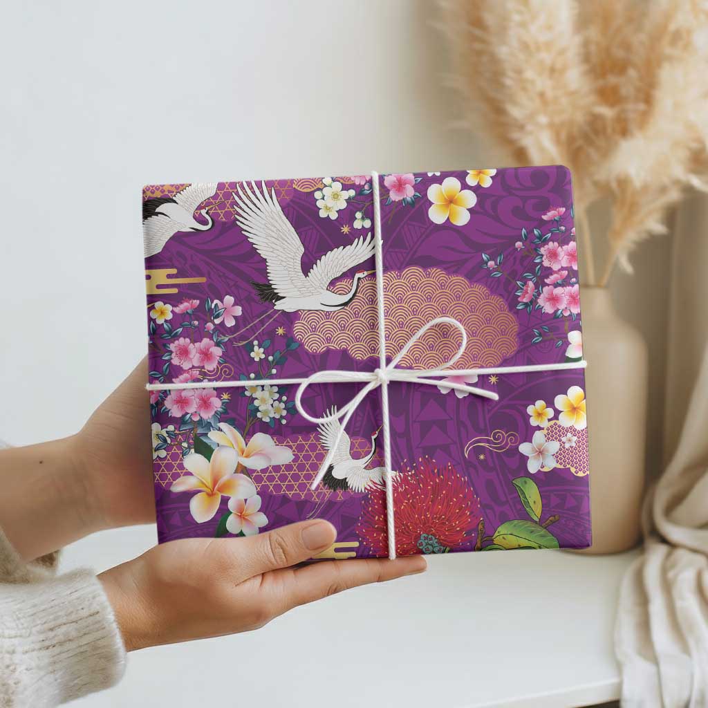 Hawaiian and Japanese Culture Together Wrapping Paper Purple Ohia Lehua Plumeria and Sakura Blooming LT03 - Polynesian Pride
