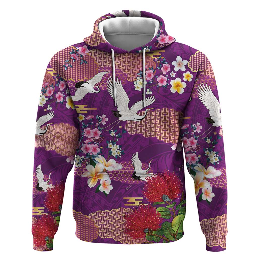 Hawaiian and Japanese Culture Together Zip Hoodie Purple Ohia Lehua Plumeria and Sakura Blooming LT03 Pullover Hoodie Purple - Polynesian Pride