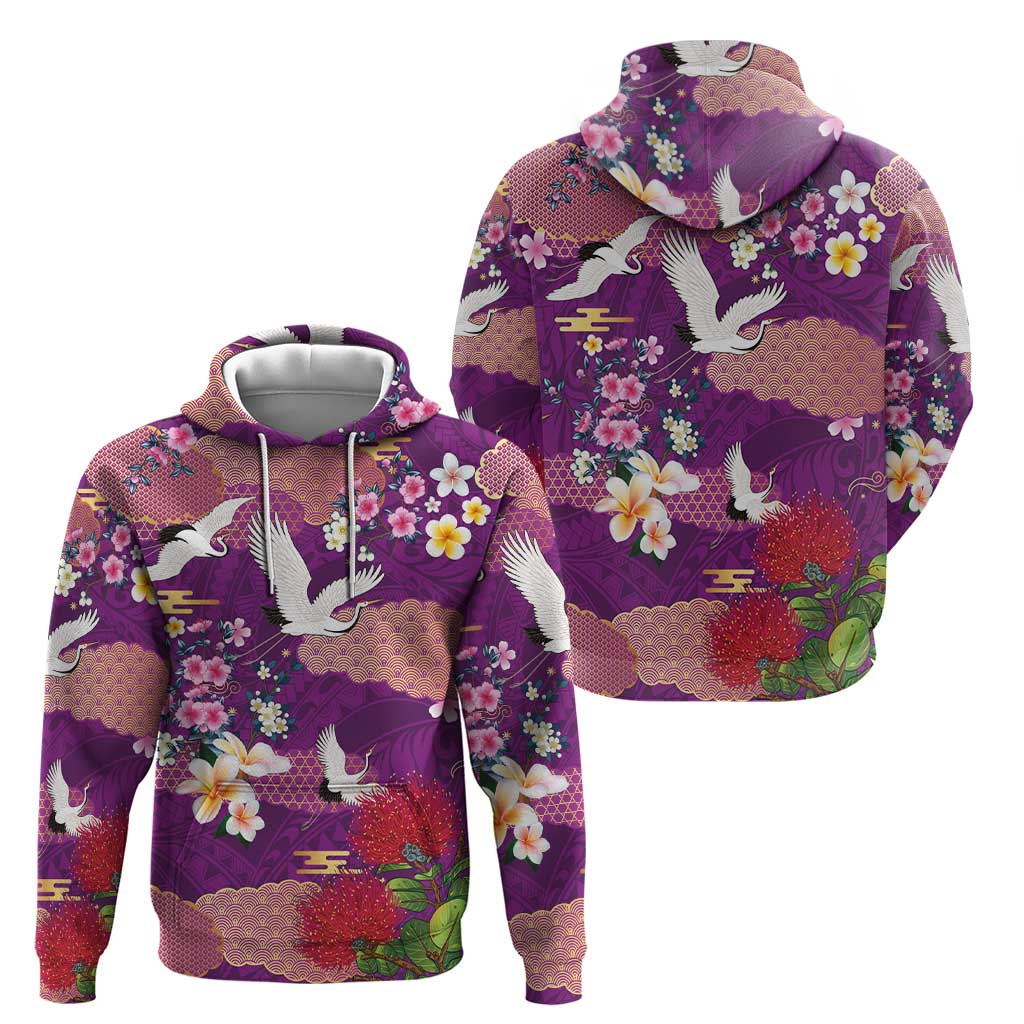 Hawaiian and Japanese Culture Together Zip Hoodie Purple Ohia Lehua Plumeria and Sakura Blooming LT03 - Polynesian Pride