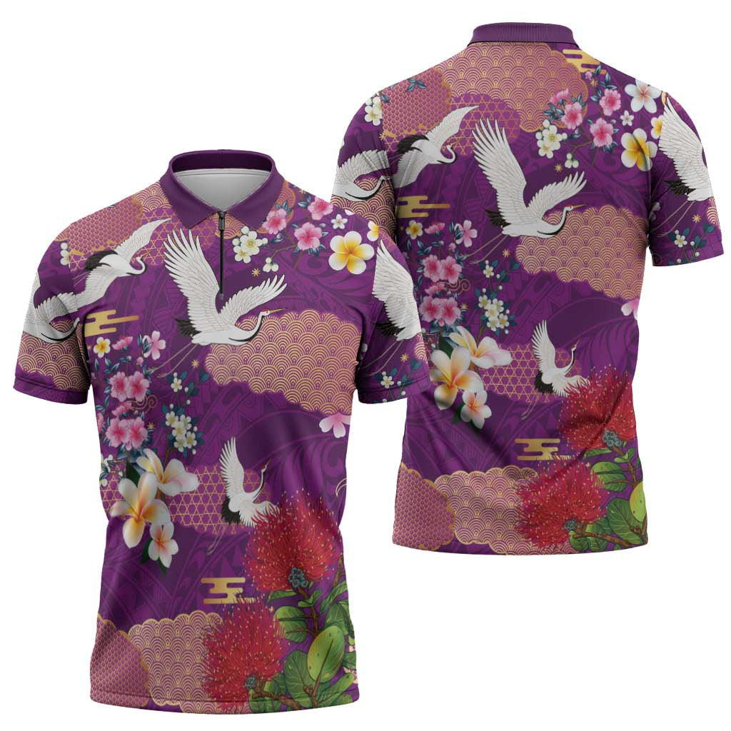 Hawaiian and Japanese Culture Together Zipper Polo Shirt Purple Ohia Lehua Plumeria and Sakura Blooming LT03 - Polynesian Pride