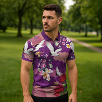 Hawaiian and Japanese Culture Together Zipper Polo Shirt Purple Ohia Lehua Plumeria and Sakura Blooming LT03 - Polynesian Pride