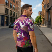 Hawaiian and Japanese Culture Together Zipper Polo Shirt Purple Ohia Lehua Plumeria and Sakura Blooming LT03 - Polynesian Pride