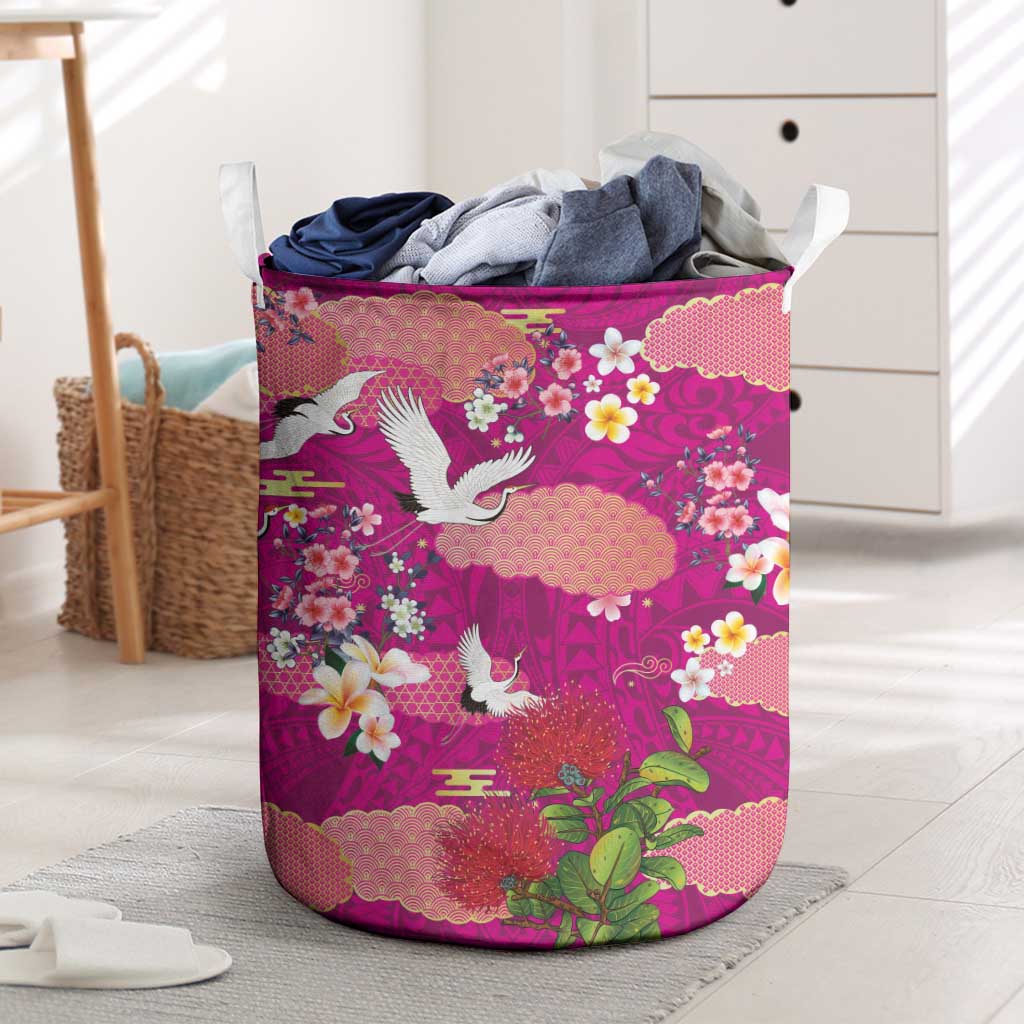Hawaiian and Japanese Culture Together Laundry Basket Pink Ohia Lehua Plumeria and Sakura Blooming LT03 Pink - Polynesian Pride