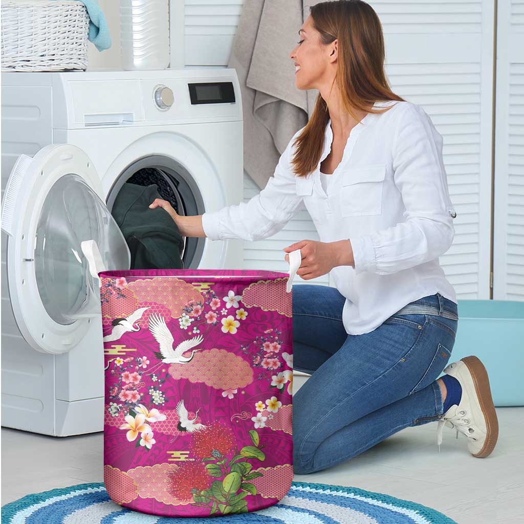 Hawaiian and Japanese Culture Together Laundry Basket Pink Ohia Lehua Plumeria and Sakura Blooming LT03 - Polynesian Pride