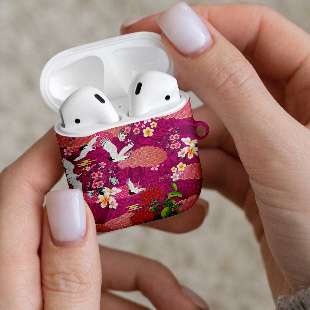 Hawaiian and Japanese Culture Together AirPods Case Pink Ohia Lehua Plumeria and Sakura Blooming LT03 - Polynesian Pride