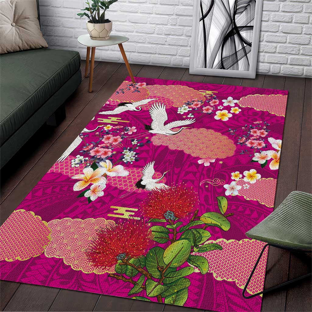 Hawaiian and Japanese Culture Together Area Rug Pink Ohia Lehua Plumeria and Sakura Blooming LT03 Pink - Polynesian Pride