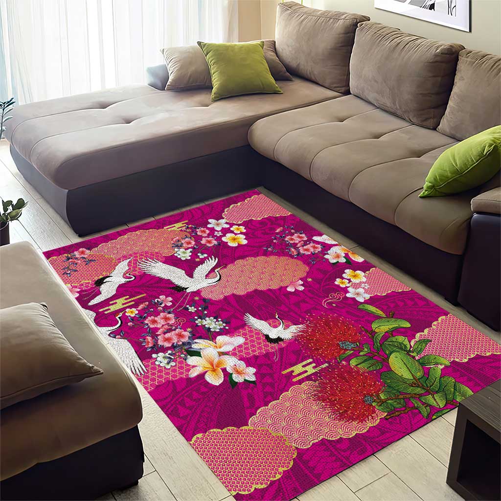 Hawaiian and Japanese Culture Together Area Rug Pink Ohia Lehua Plumeria and Sakura Blooming LT03 - Polynesian Pride